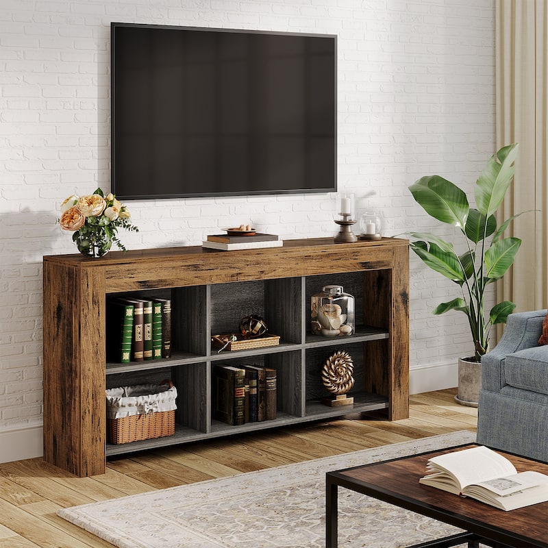 Long Console Table, Rustic Wood Entryway Table with 6 Storage Cubes
