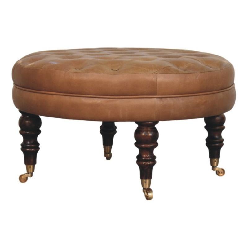 Artisan Furniture Solid Wood Brown Buffalo Leather Round Ottoman with Castor Legs