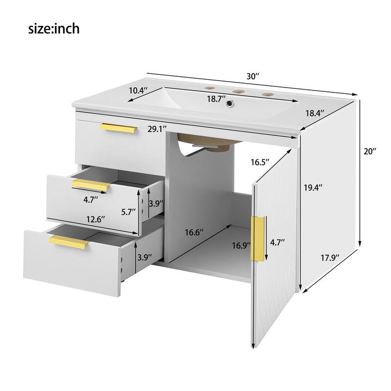 Roomfitters 30 Inch Wall Mounted Bathroom Vanity, Floating Storage Cabinet with Ceramic Basin Sink & Soft Close Door