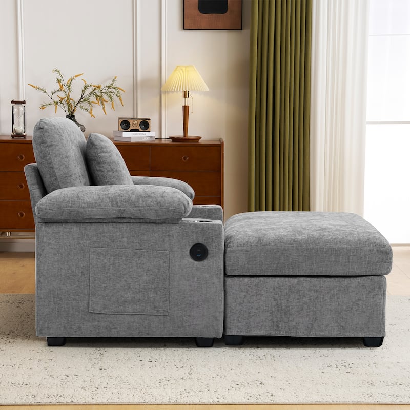 Modern 58" Oversized Chaise Lounger Armchair with Ottoman, Chenille Sleeper Sofa Couch with Charge Station & USB Ports