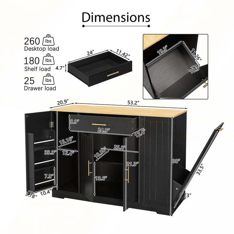 53inch Kitchen Storage Islands with Drawers and Trash Can Storage