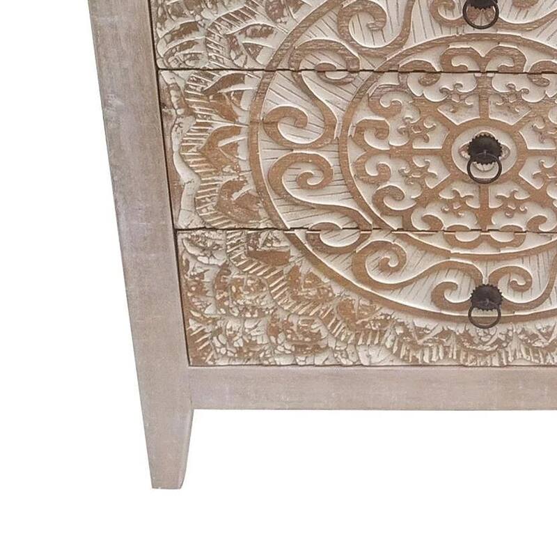 28 Inch Ornate Medallion Accent Cabinet with 3 Drawers, Mango Wood, White