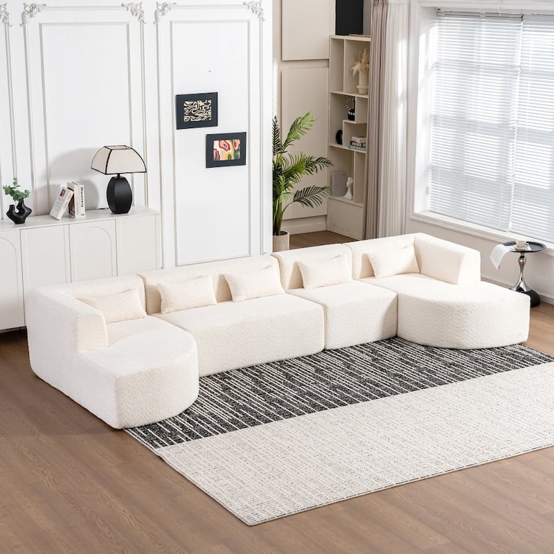 144" Upholstered Sofa Free-combined Sofa with Two Chaise Lounge and Five Back Pillows