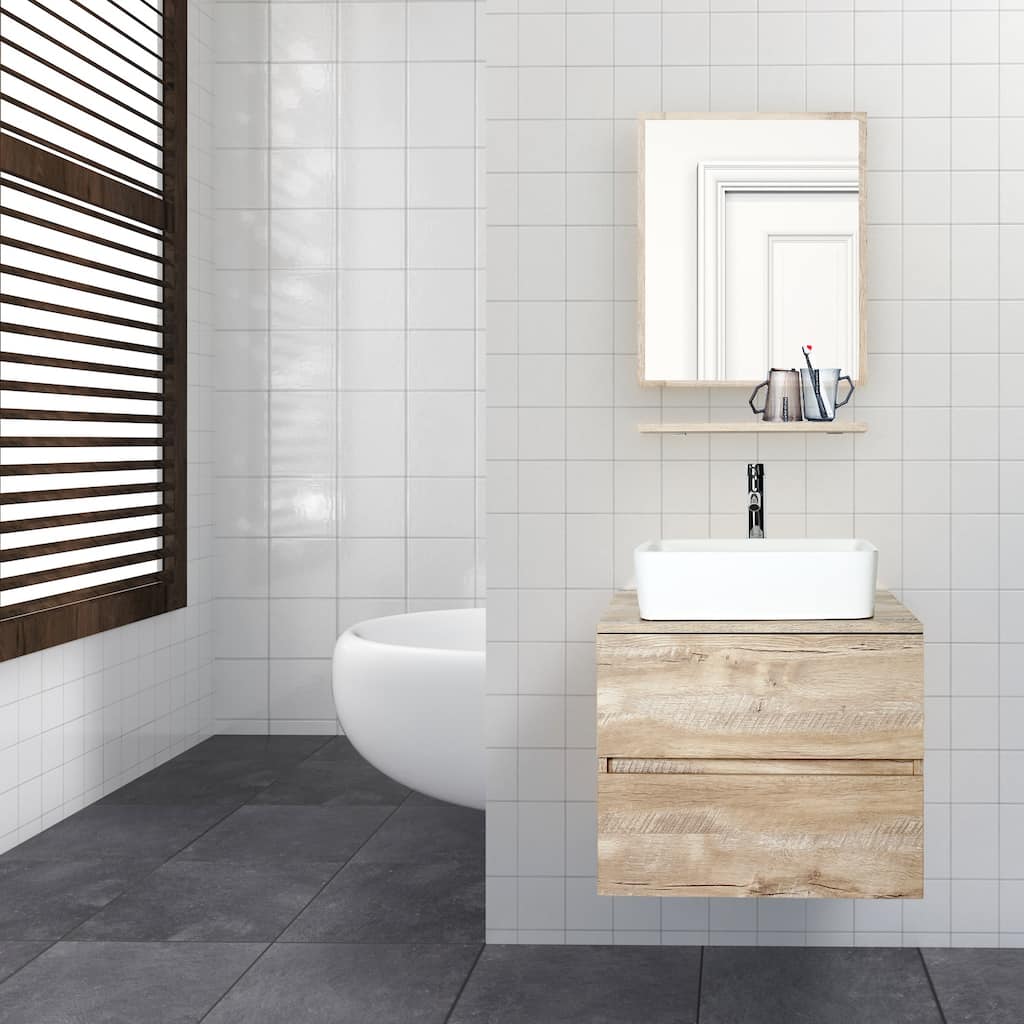 eclife 24" Wall Mounted Bathroom Vanity Ceramic Tempered Glass Sink Combo Natural 2 Drawers Cabinet Vanity Set