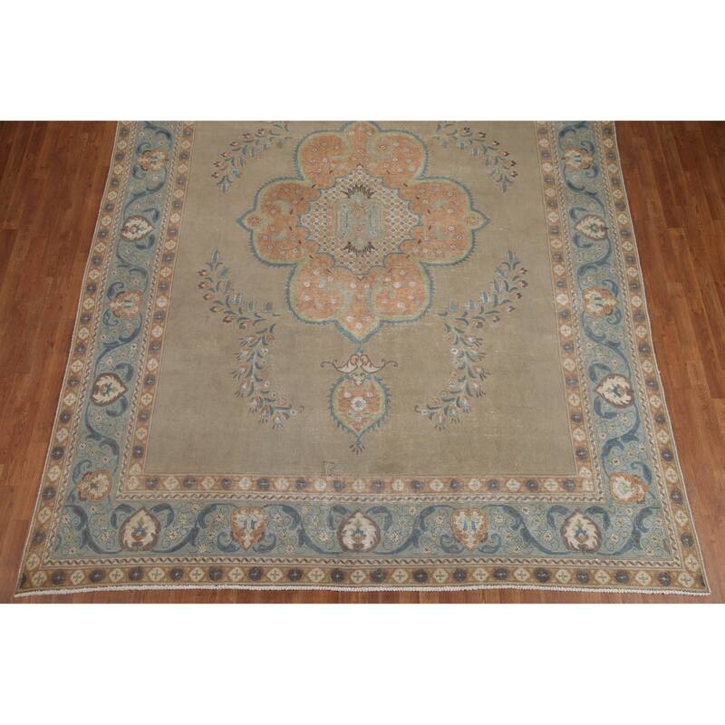 Hand Knotted Oriental 100% Wool Carpet Traditional Medallion Beige & Ivories Tabriz Area Rug - 12' 9'' X 9' 7''