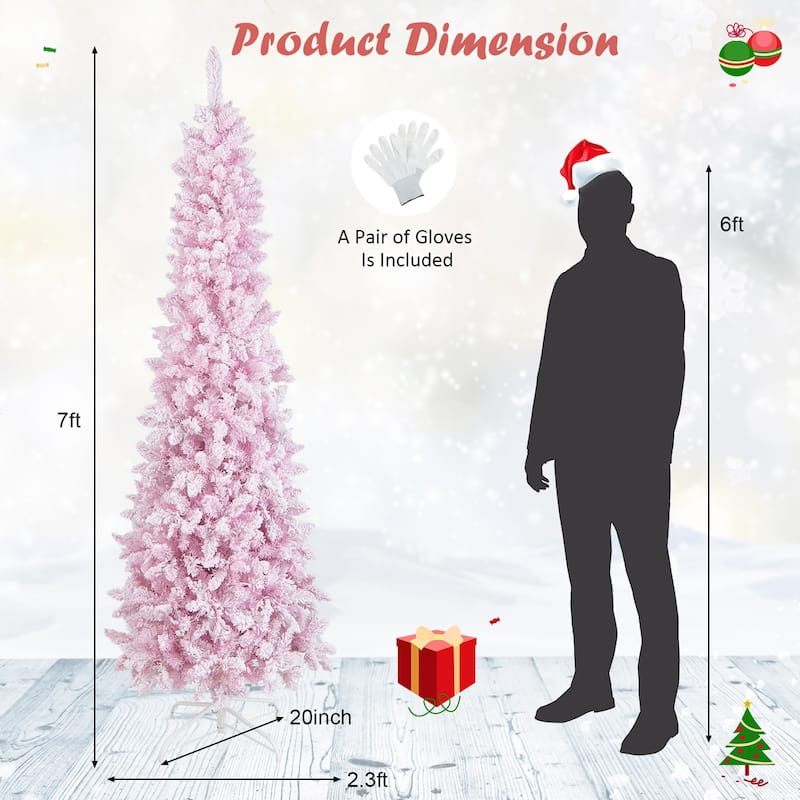 Gymax 7FT Pre-Lit Flocked Christmas Pencil Snow Tree Holiday Decor