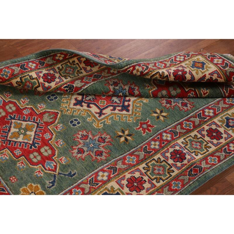 Green Geometric Kazak Accent Rug Handmade Oriental Wool Carpet - 3'4"x 4'10"