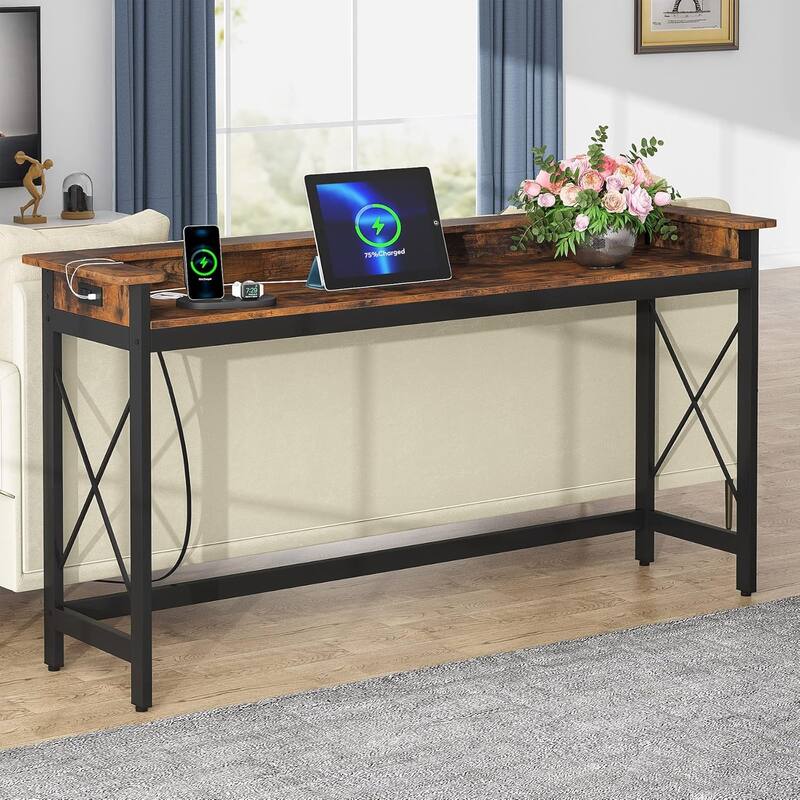70.9" Extra Long Console Table with Power Outlets & USB Ports, Narrow Sofa Table Behind Couch, with Charging Station - Brown+Black