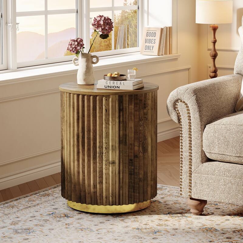 Small Fluted Round Side Table, Wooden Bedside Table for Sofa - Brown