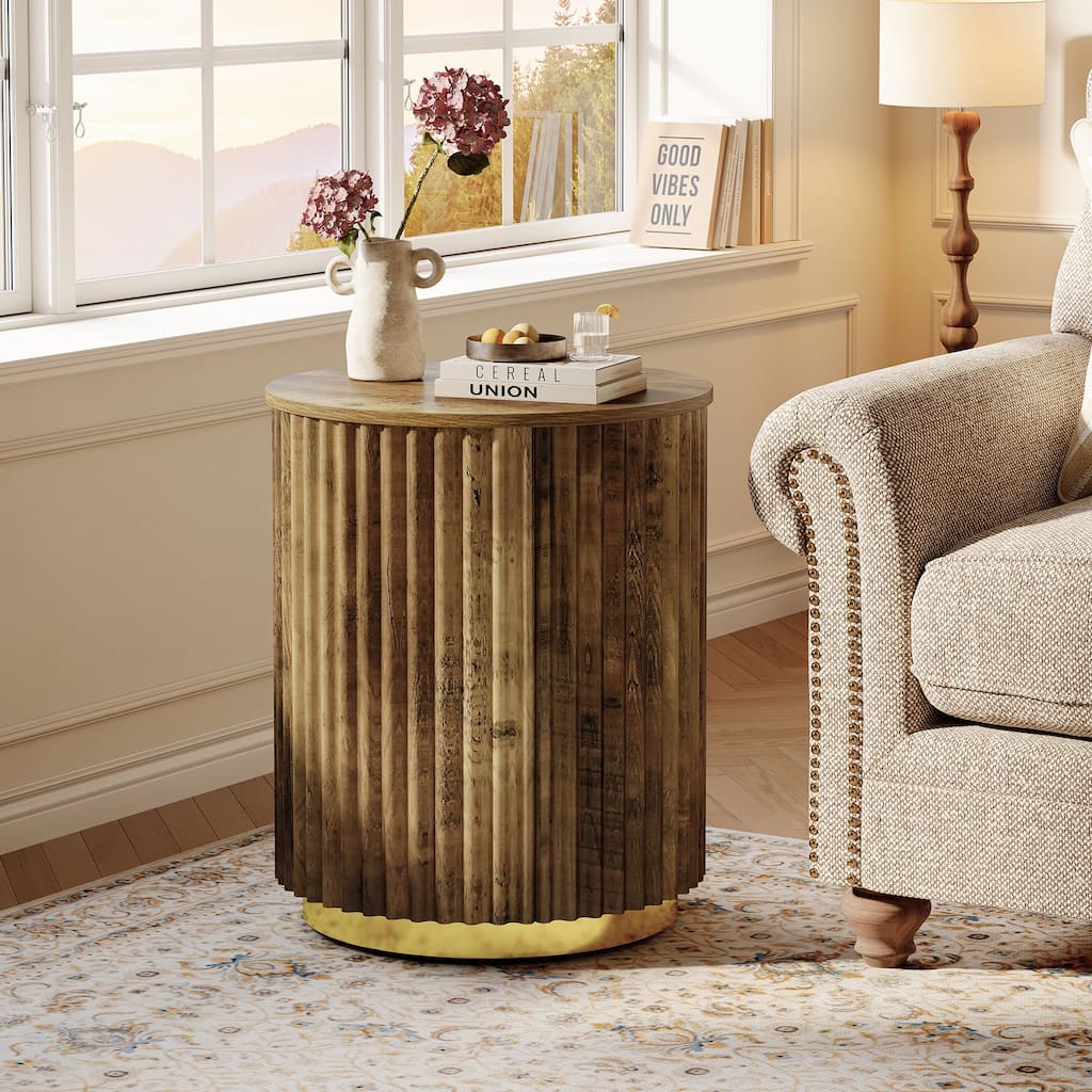 Small Fluted Round Side Table, Wooden Bedside Table for Sofa