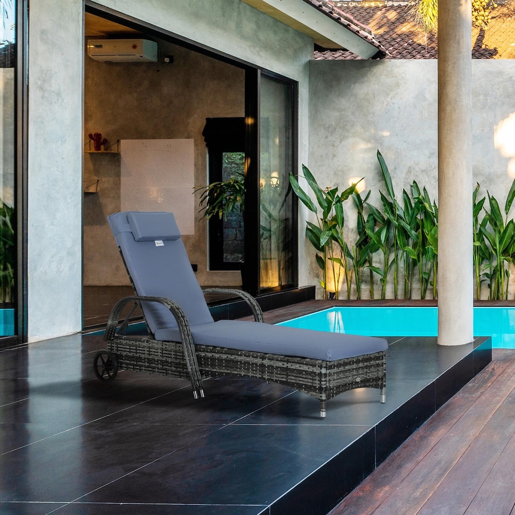 Outdoor PE Rattan Recliner with Wheels and Armrests