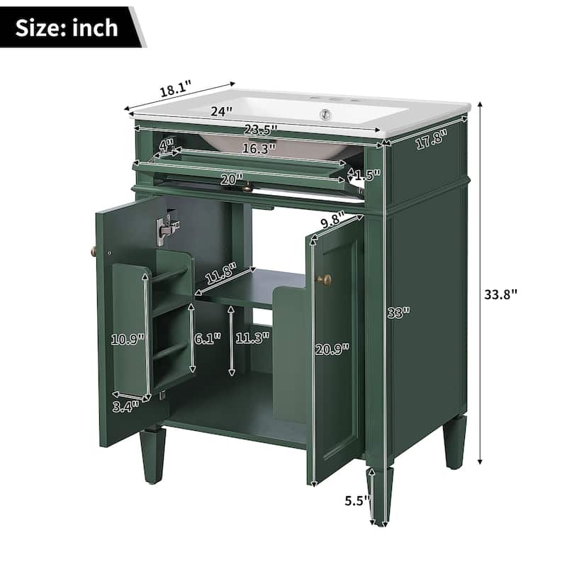 24" Bathroom Vanity With 2 Doors And Tip-Out Drawer, Bathroom Storage Cabinet With Sink, Soft-Closing Doors With Organizers