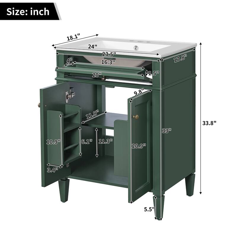 24-Inch Bathroom Vanity Set with Sink – Features 2 Soft-Closing Doors, Tip-Out Drawer & Built-In Organizers for Stylish Storage