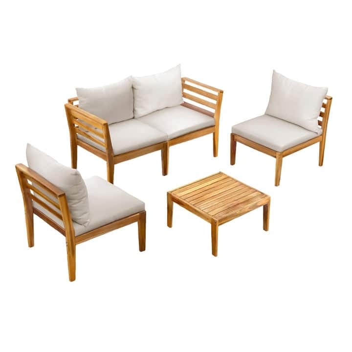 Kinger Home Trena 4-Piece Acacia Wood Patio Furniture Set with Cushions - 9' x 12'