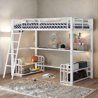 White Twin Size Metal Loft Bed with Desk, Storage Shelves and Charging Station