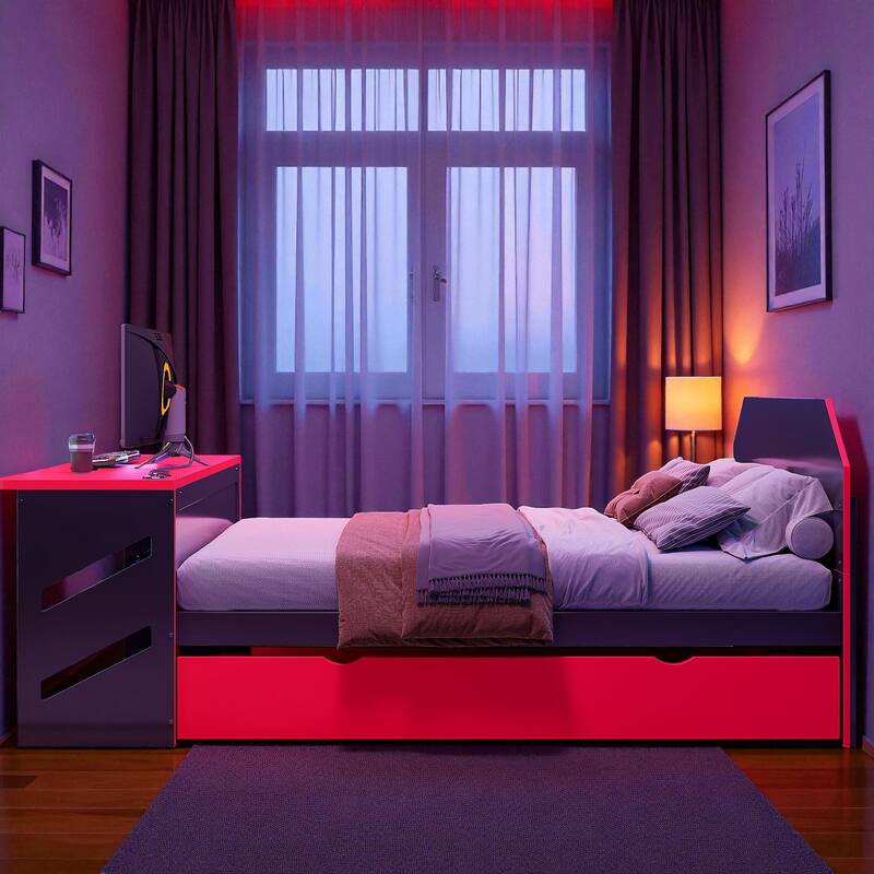 Full Size Wooden Daybed with Twin Trundle, Desk with USB Port, Storage-Friendly Design, Multi-Functional Bed Frame