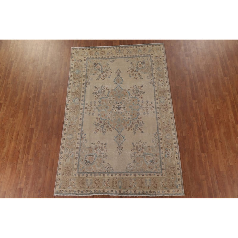 Vintage Geometric Distressed Tabriz Persian Rug Handmade Wool Carpet - 6'3" x 9'9"