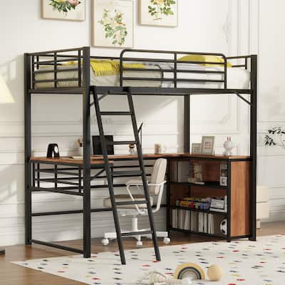 Metal Loft Bed with 3 Layers of Shelves and L-shaped Desk