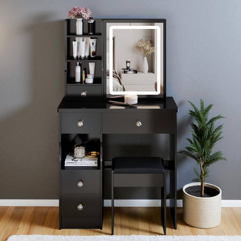 Small Vanity Desk with LED Mirror and Stool, 29.2" Dressing Table with Drawer and Adjustable Lighting - Black
