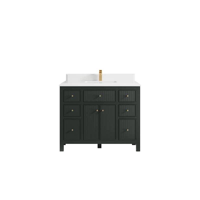 Willow Collections 42 in W x 22 in D Sonoma Free Standing Reeded Single Sink Bathroom Vanity with Countertop - 1.5" White Quartz - Dark Forest Green