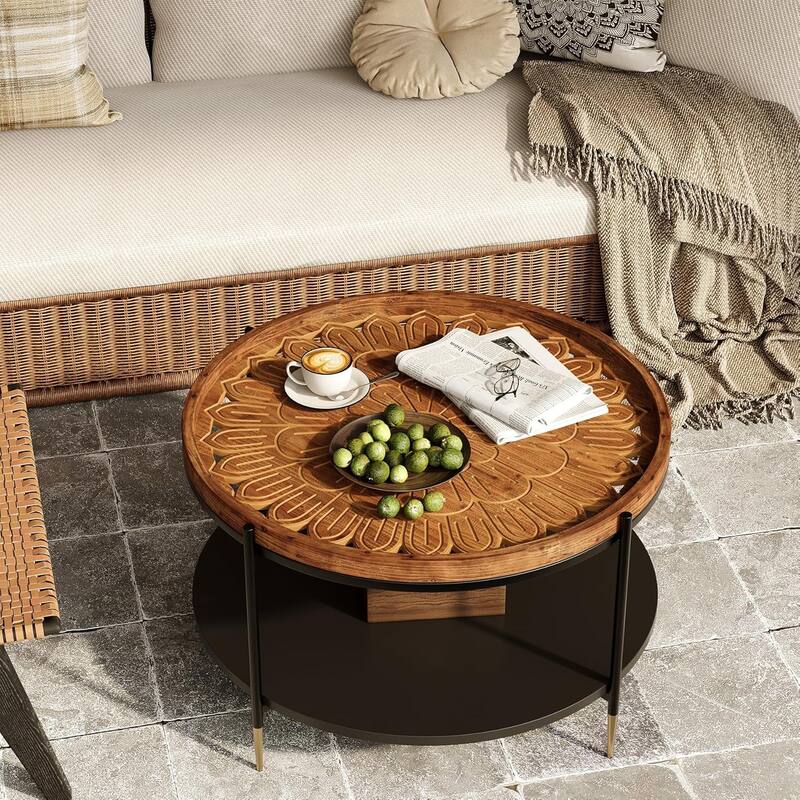 31.5-Inch Boho Solid Wood Round Coffee Table with Metal Storage Frame & Carved Floral Pattern for Small Spaces, Apartment