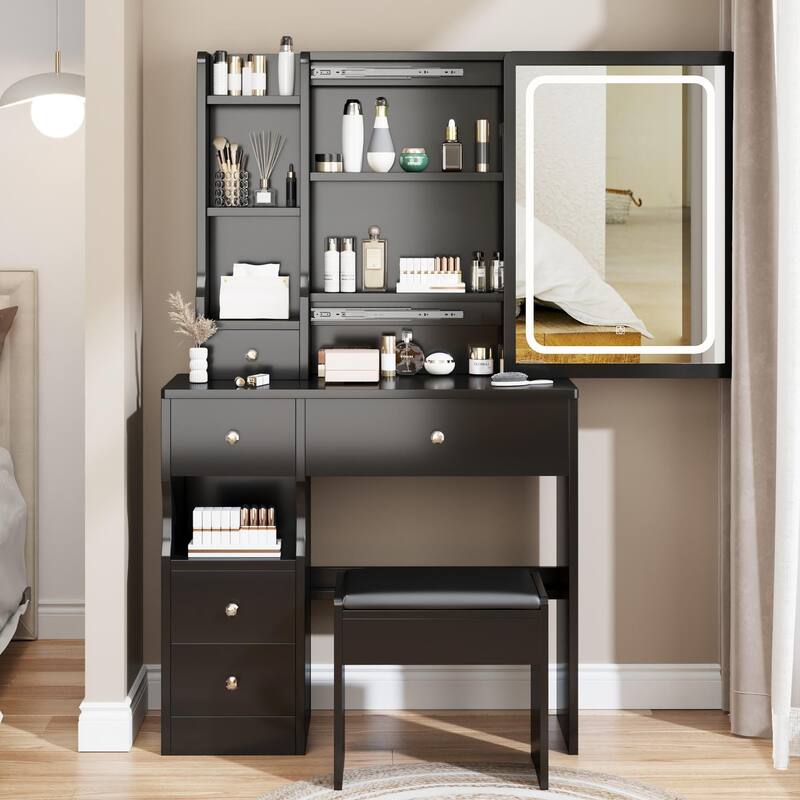 Fashion Vanity Desk with Mirror and Lights for Makeup Vanity Mirror - Black