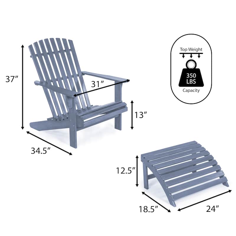 Shoreham 2-Piece Traditional Rustic Acacia Wood Adirondack Chair with Detachable Ottoman, by JONATHAN Y