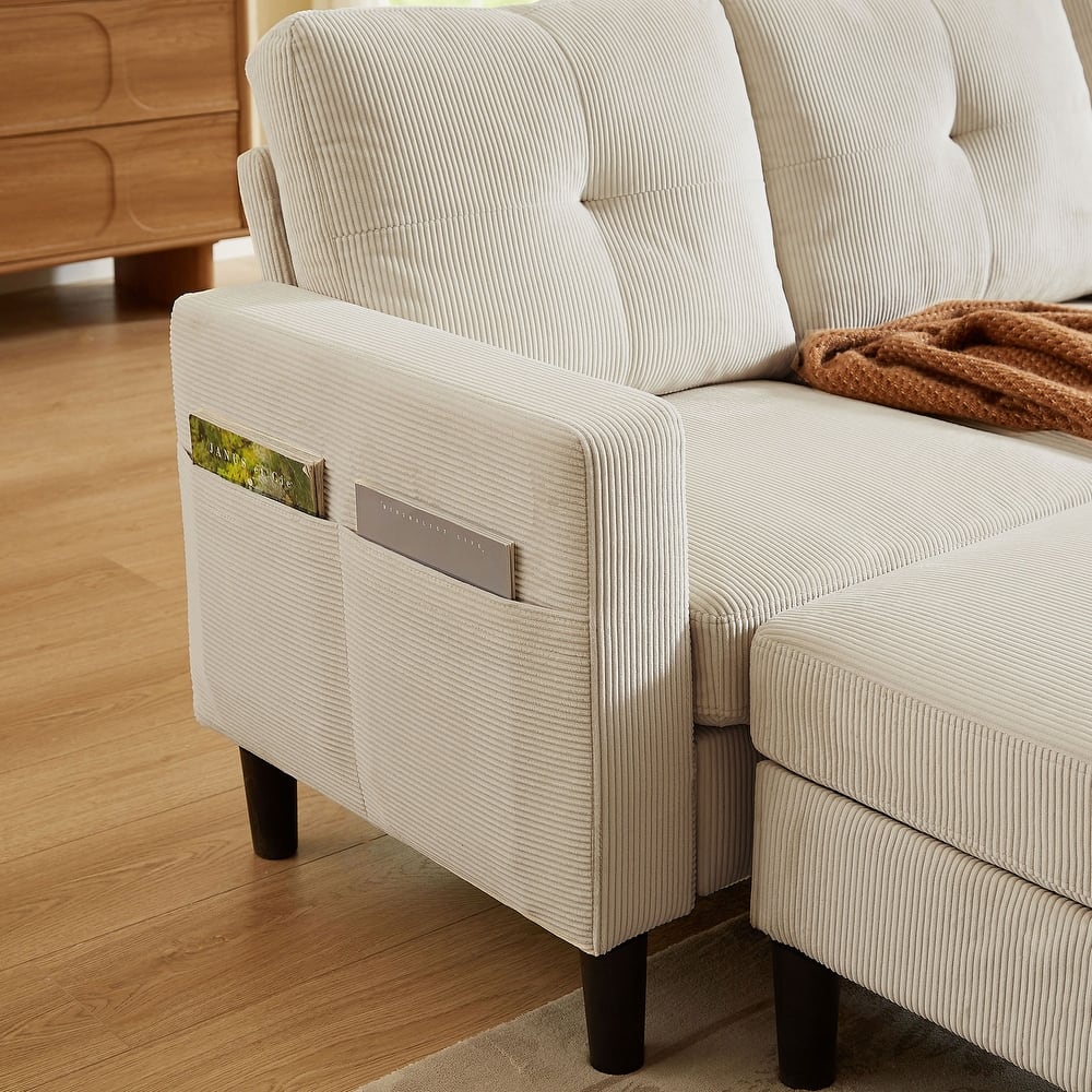 79.14" Corduroy Sectional Sofa with Storage Ottoman and Side Storage Pocket
