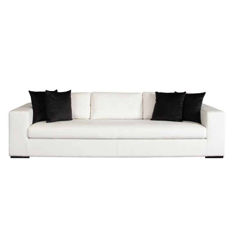 Lipi Modern Sofa, Mist White Fabric w Track Arms, 110 Inch, 4 Accent Pillows