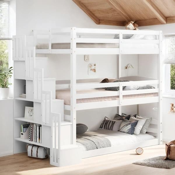 slide 2 of 11, Twin Size Triple Bunk Bed with Storage Staircase, Separate Design, White White