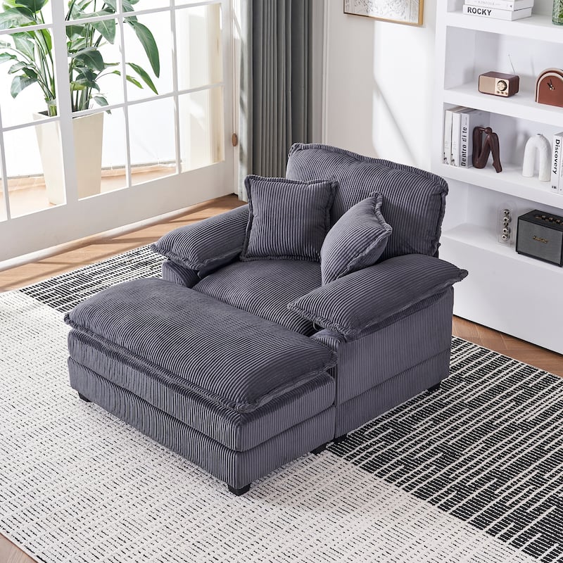 56.3 Inch Corduroy Single Deep Seat Sofa Chair With 2 Toss Pillows and a Ottoman