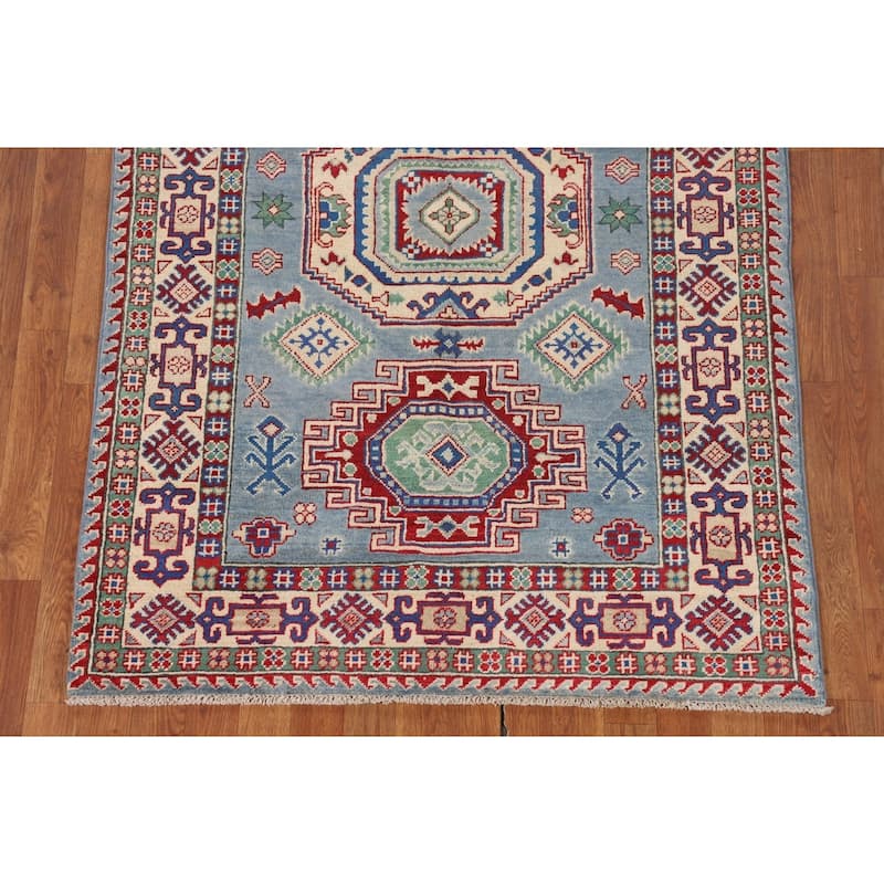 Light Blue Geometric Kazak Area Rug Hand-Knotted Wool Carpet - 4'0" x 5'10"