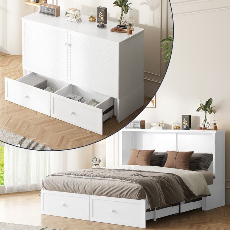 Mixoy Modern Queen Size Murphy Bed with 4.7''Mattress,USB ports,Storage Drawers - White - Queen