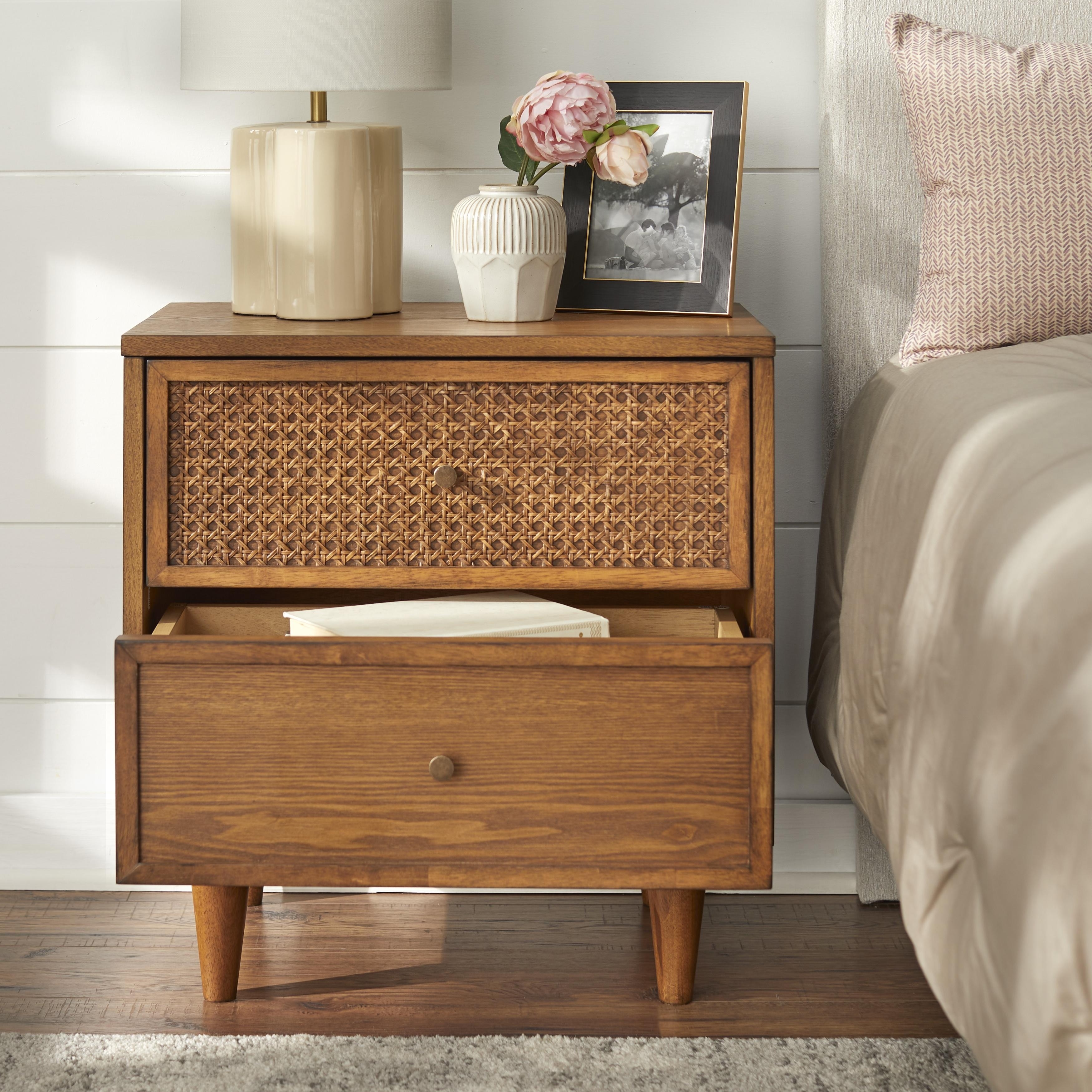 Lifestorey Maxwell 2-Drawer Nightstand with Natural Cane - Bed