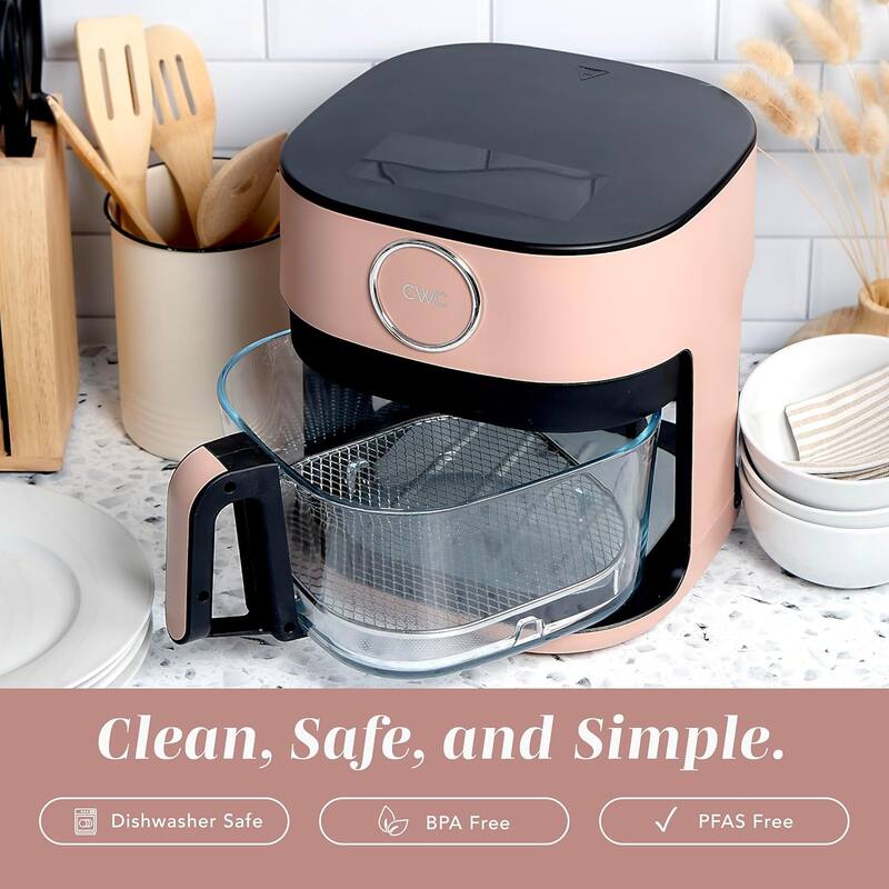 COOK WITH COLOR 1200W Air Fryer: Glass Basket, Dishwasher Safe, 60min Timer, 6 Presets, Temp Control 175F-400F, 4 - 5.5 QT