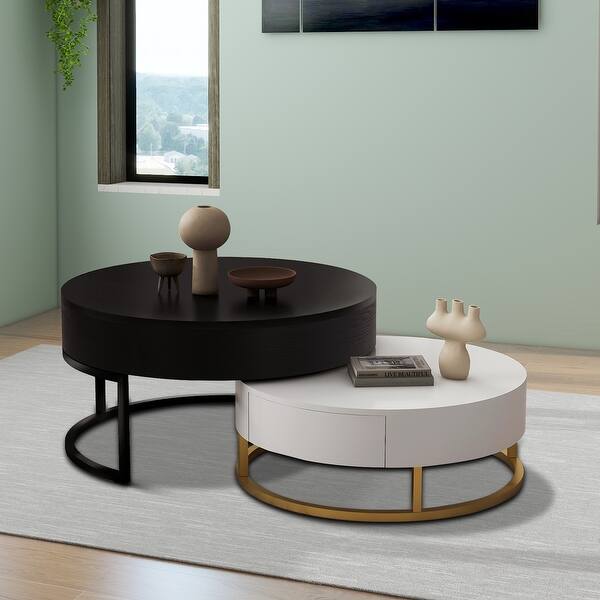 slide 2 of 7, Modern Stylish Two Piece Wooden Nesting Coffee Table Set White+Black+Gold