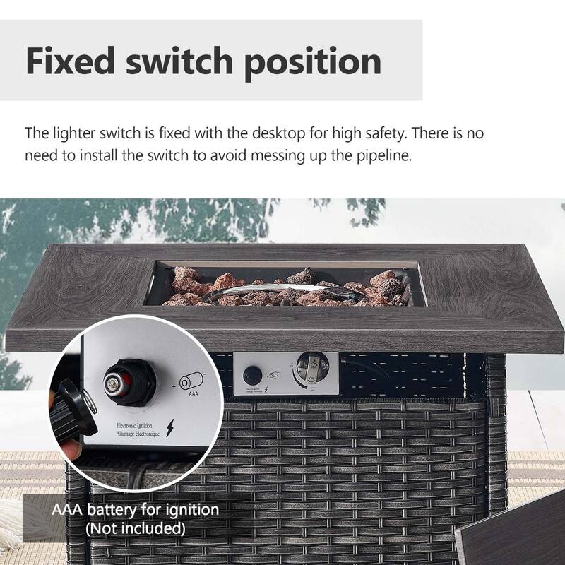 Glissia 5-Piece Gray Wicker Swivel Glider Fire Pit Set with Square Wicker Fire Table