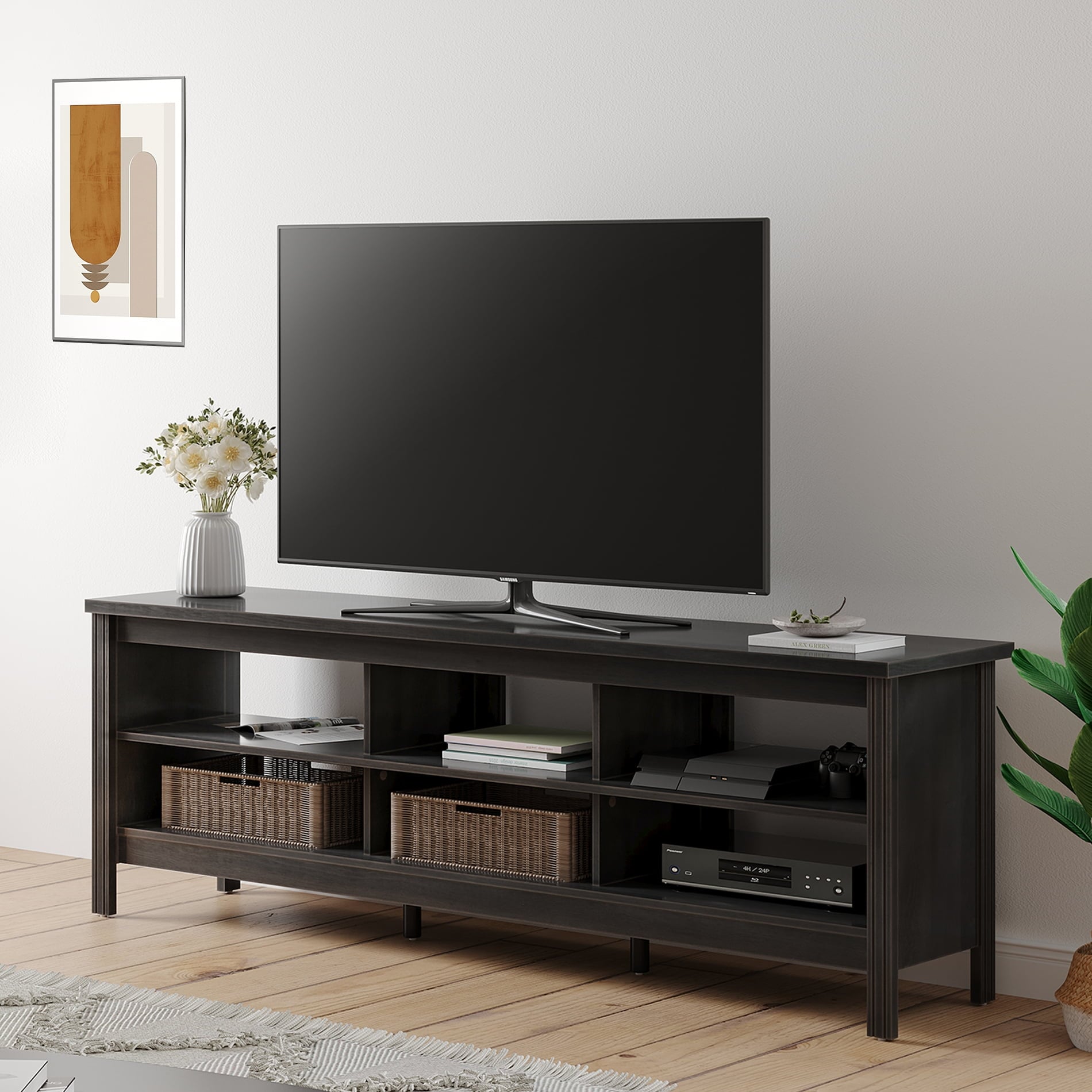 EPOWP TV Stand for 75 inch TV Wood Media Console Cabinet, Black TV Entertainment Center for Living Room, 70 inch