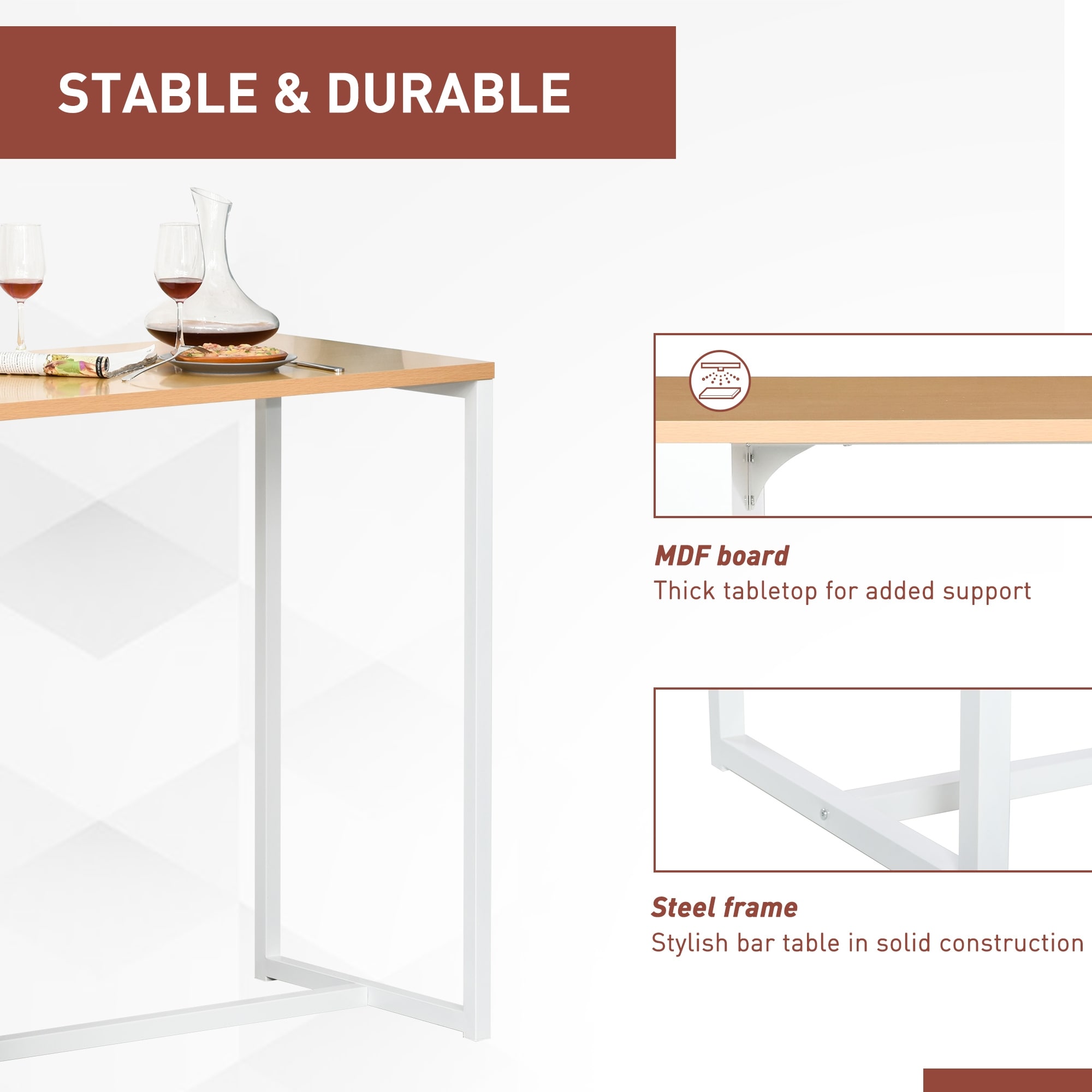 HOMCOM Bar Table with 3-Tier Storage Shelf, Pub Desk, Metal Frame, and Thick Tabletop for Kitchen, White