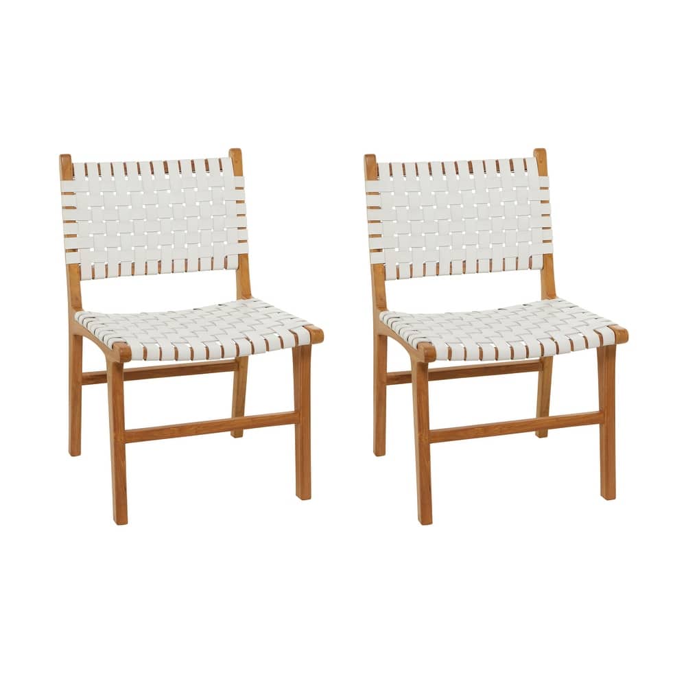 Leather Handmade Woven Dining Chair with Teak Wood Frame - Brown, White or Black- Roche River Decor