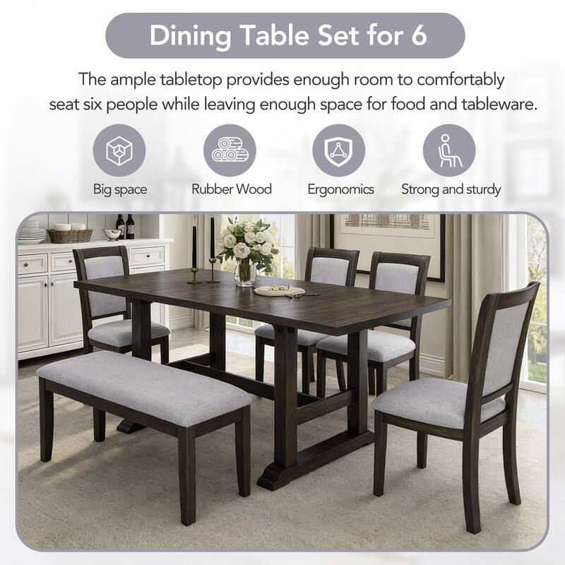 6-Piece Extendable Trestle Dining Table Set with Removable Leaf, Kitchen Set with Upholstered Chairs and Bench
