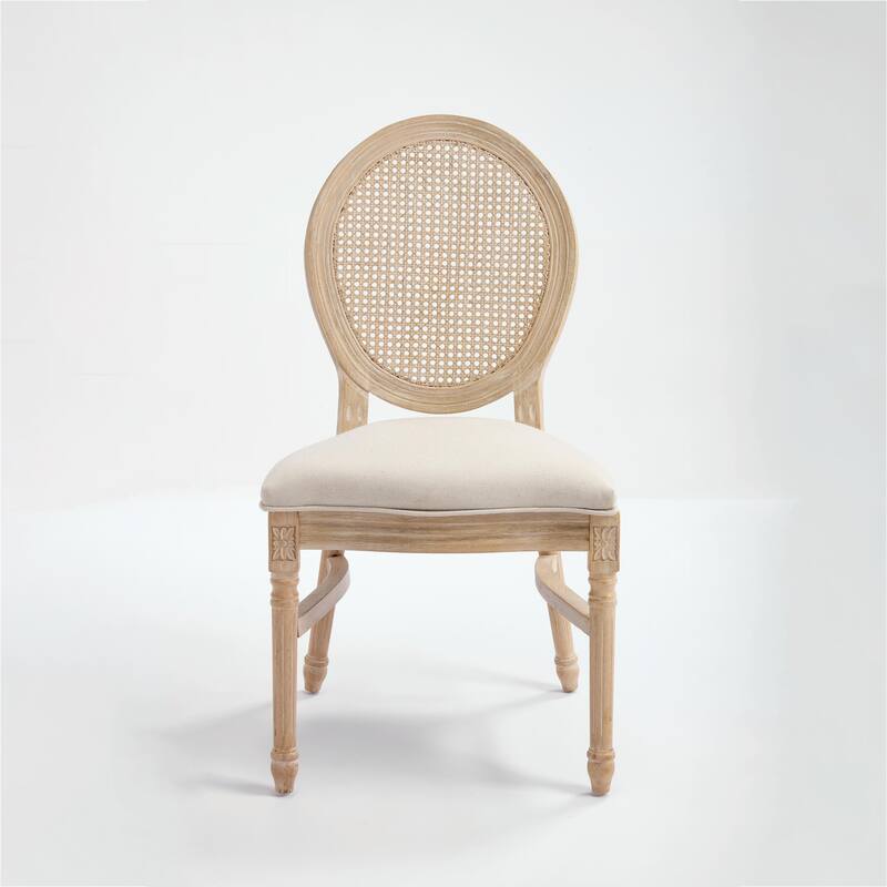Set of 2 French Country Dining Chairs, Upholstered with Natural Rattan Round Back