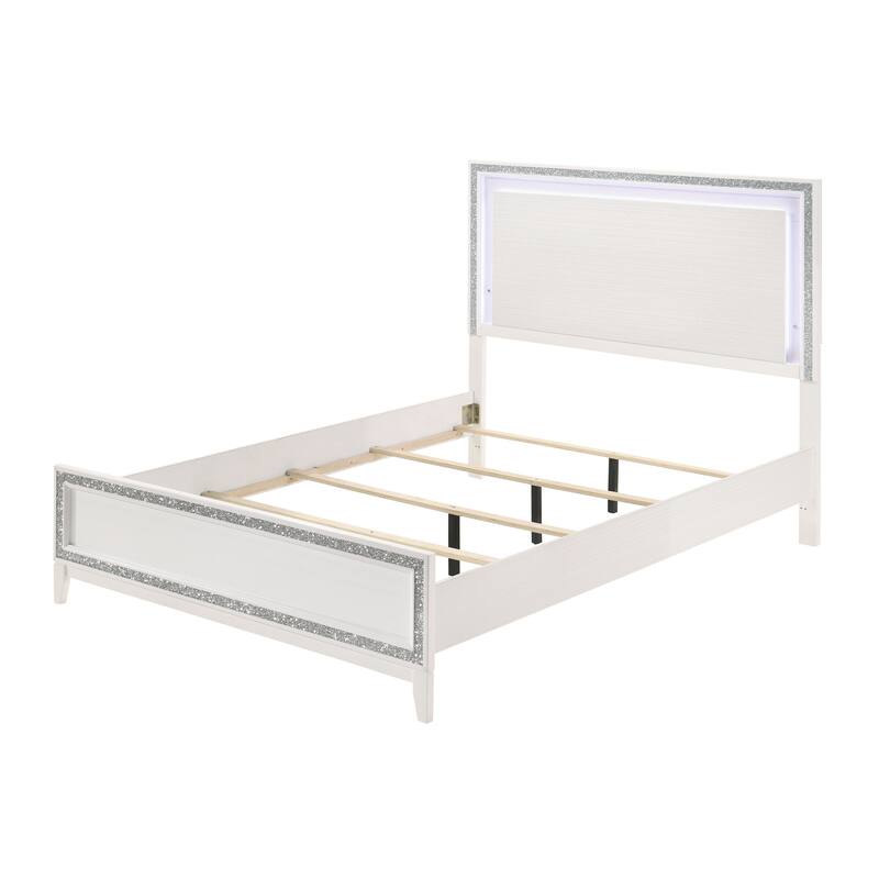 Queen Bed with LED Headboard, Silver Trim, Low Profile Footboard
