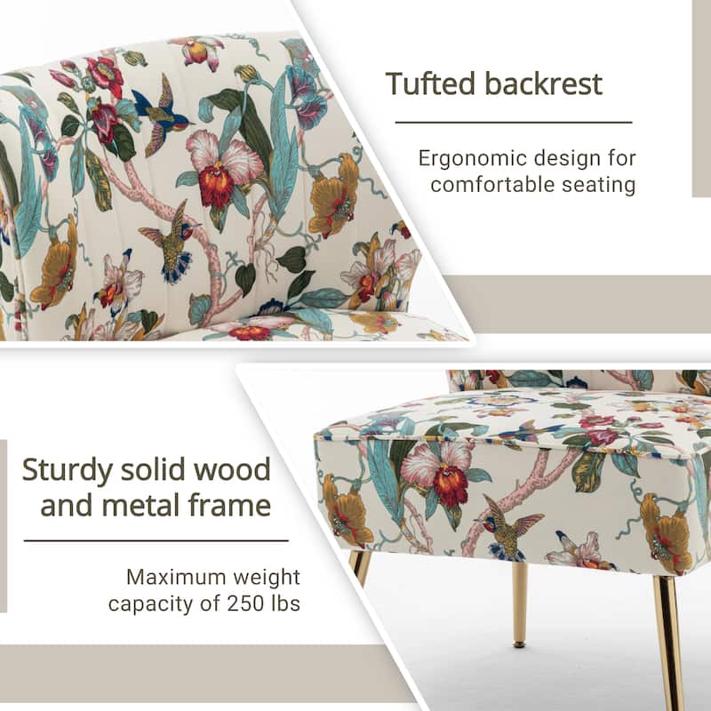 Velvet Floral Accent Chair (Set of 2) with Gold Legs, Modern Comfy Tufted Side Chair for Living Room/Bedroom