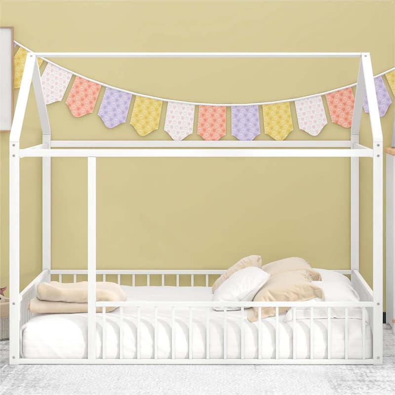 Metal Bed House Bed Frame with Fence