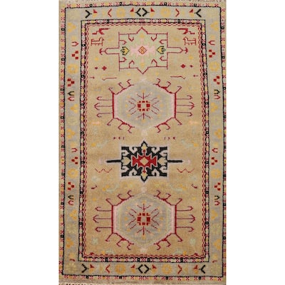 Geometric Khotan Foyer Rug Handmade Oriental Wool Carpet - 3'1" x 4'11"