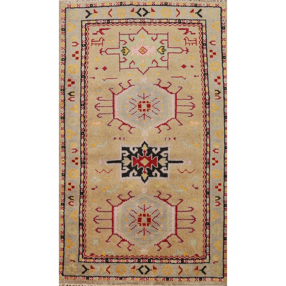 Hand Knotted Oriental 100% Wool Carpet Transitional Geometric Yellow & Gold Khotan Area Rug - 4' 11'' X 3' 1''