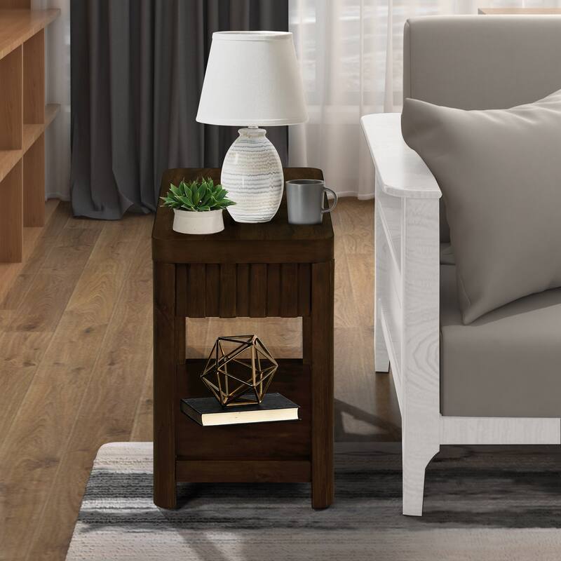 25'' Rectangular Farmhouse End Table with Storage Shelf, Sofa Side Table with Solid Wood Legs for Living Room, Bedroom, Office
