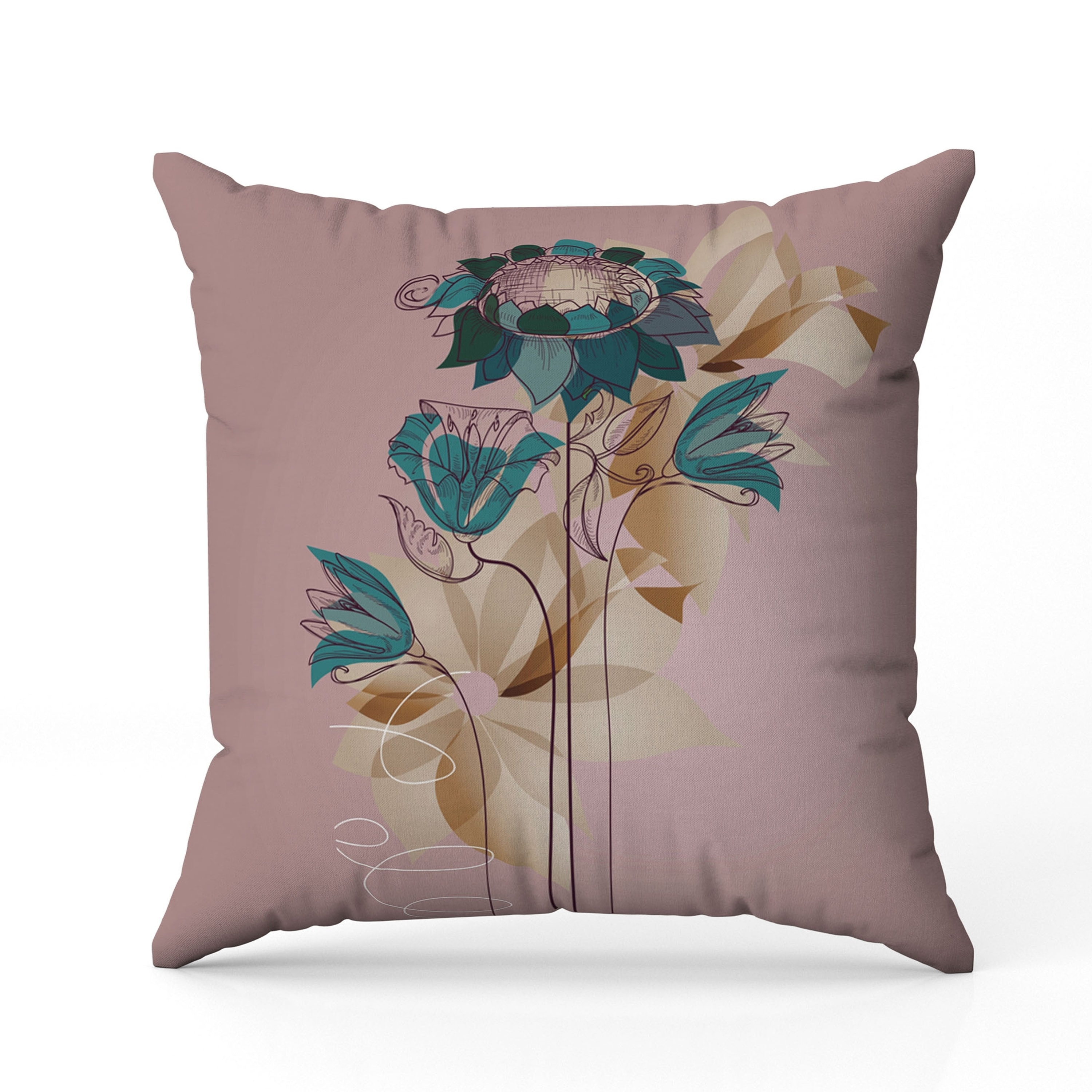 Flowers Line Art Indoor/Outdoor Reversible Throw Pillow Pink and Green