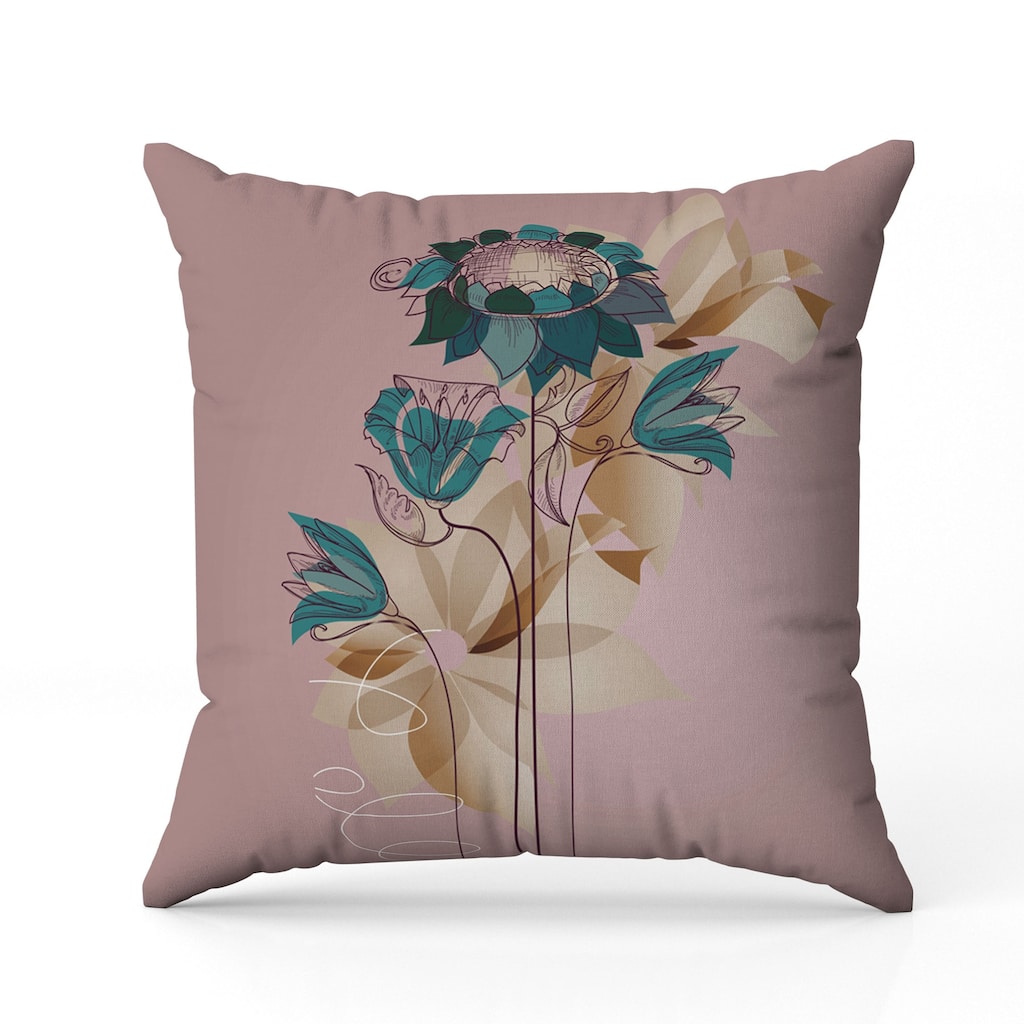 Flowers Line Art Indoor/Outdoor Reversible Throw Pillow Pink and Green